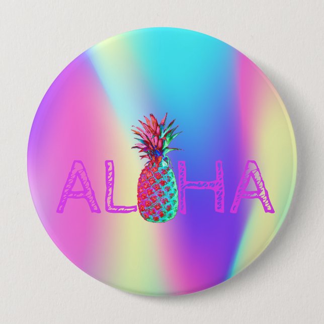 Badge Rond 10 Cm Aloha Hawaiian Ananas Holographique (Devant)