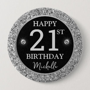 Badge Rond 10 Cm Anniversaire Diamants Paillettes Argent Élégant
