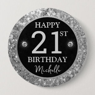 Badge Rond 10 Cm Anniversaire Diamants Paillettes Argent Élégant