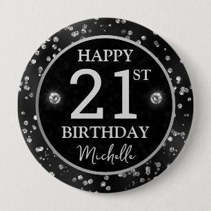 Badge Rond 10 Cm Anniversaire Diamants Paillettes Noirs Élégants