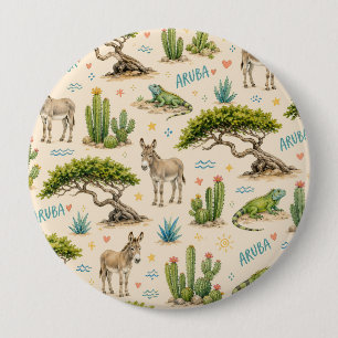 Badge Rond 10 Cm Arbre divi d'Aruba, âne, iguane, cactus