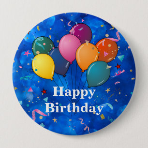 Badge Rond 10 Cm Balloons de fête, "Joyeux Anniversaire," Confettis
