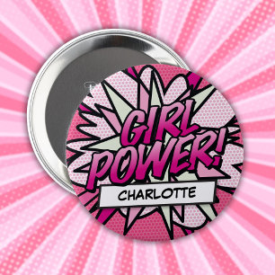 Badge Rond 10 Cm Bande dessinée rose GIRL POWER personnalisée