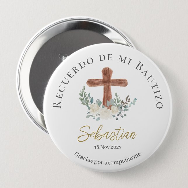 Badge Rond 10 Cm Baptême floral blanc (Devant & derrière)