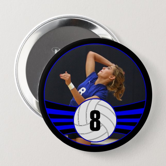 Badge Rond 10 Cm Blue Volleball Player Personnalisé Photo & Numéro  (Devant & derrière)