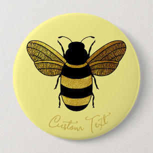 BADGE ROND 10 CM BOMBÉE NOIRE JAUNE BRILLANTE EN BOIS NOIR BEE TEXT