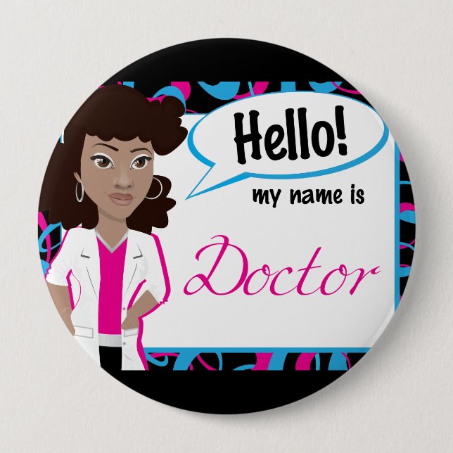Badge Rond 10 Cm Bonjour étiquette nommée - Dr. Updo (Devant)