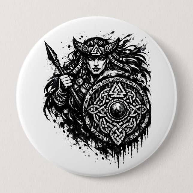 Badge Rond 10 Cm Bouclier de la vierge guerrière – Encre de guerrie (Devant)