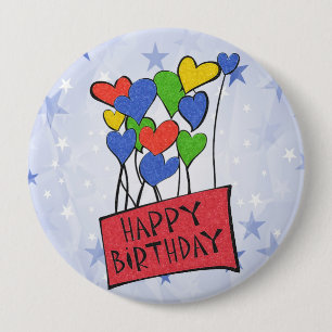 Badge Rond 10 Cm Bouton Bleu Joyeux Ballons d'anniversaire