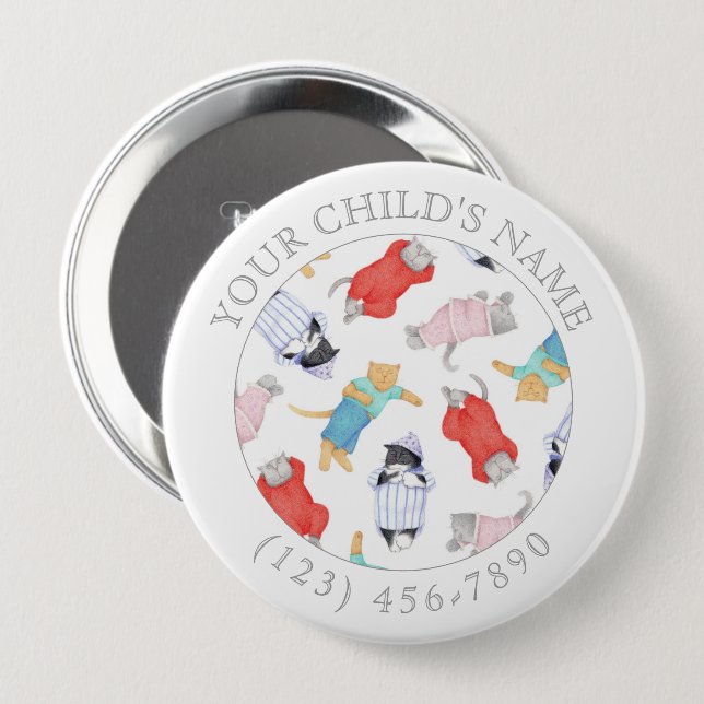 Badge Rond 10 Cm Bouton CATS PAJAMAS ID enfant - Blanc (Devant & derrière)