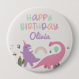 Badge Rond 10 Cm Bouton d'anniversaire rose fille Dinosaur heureux