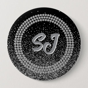 Badge Rond 10 Cm Bouton de Pageant Luxe Monogramme Noir & Argent