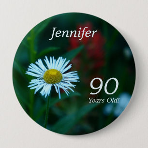 Badge Rond 10 Cm Bouton Fleur sauvage blanc, 90 ans