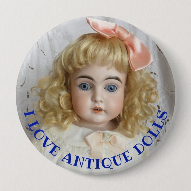 Badge Rond 10 Cm Bouton I Love Antique Poupées 4" (Devant)