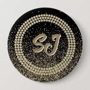 Badge Rond 10 Cm Bouton Monogramme Pailleté Or