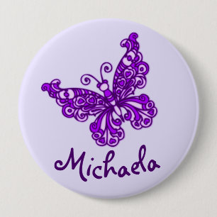 Badge Rond 10 Cm Bouton pourpre stylisé de nom d'art de papillon