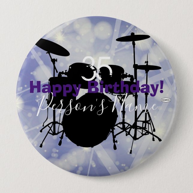 Badge Rond 10 Cm Bouton Thème d'anniversaire du batteur HAMbWG (Devant)