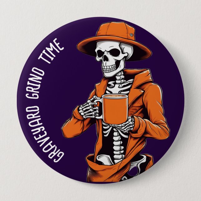 Badge Rond 10 Cm Boutons d'Halloween, cimetière heure squelette (Devant)