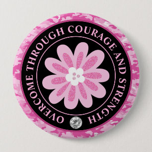 Badge Rond 10 Cm Camouflage Fleur Pailletée Sensibilisation au Canc