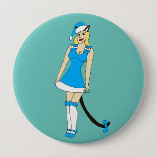 Badge Rond 10 Cm Catgirl de Noël bleu