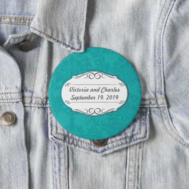 Badge Rond 10 Cm Chartreuse moderne Turquoise Mariage damassé (En situation)