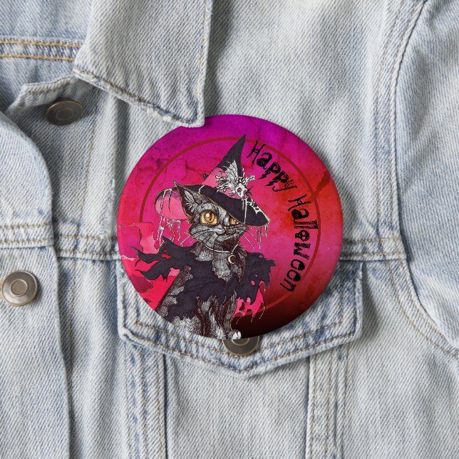 Badge Rond 10 Cm Chat de sorcière Halloween heureux (En situation)