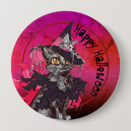 Badge Rond 10 Cm Chat de sorcière Halloween heureux