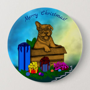 Badge Rond 10 Cm Chiot dans une boîte, Joyeux Noël