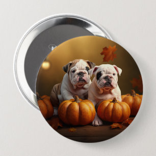 Badge Rond 10 Cm Chiots Bouledogue Délice d'Automne Citrouille