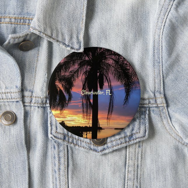 Badge Rond 10 Cm Clearwater, paysage de Floride, palmiers, (En situation)