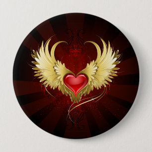 Badge Rond 10 Cm Coeur rouge avec ailes d'or