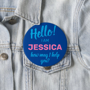 Badge Rond 10 Cm Comment puis-je vous aider Blue Friendly Nom d'ent