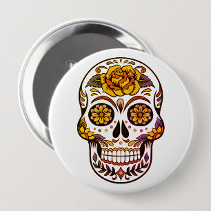 Badge Rond 10 Cm Crâne à sucre rose jaune