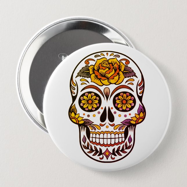 Badge Rond 10 Cm Crâne à sucre rose jaune (Devant & derrière)