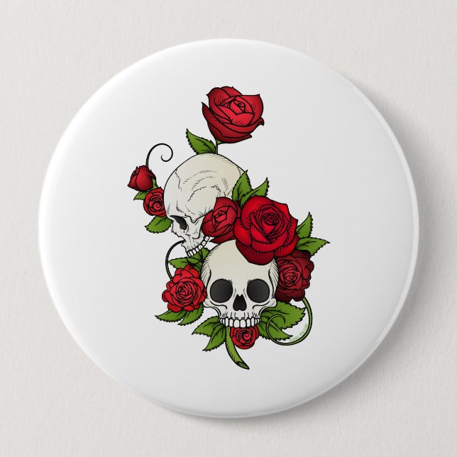 Badge Rond 10 Cm Crânes Roses Día de Muertos (Devant)