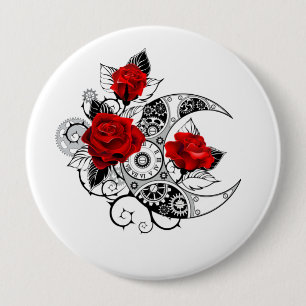 Badge Rond 10 Cm Croissant mécanique avec roses rouges