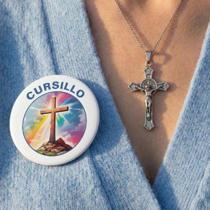 Badge Rond 10 Cm Croix en bois de Cursillo avec arc-en-ciel et nuag