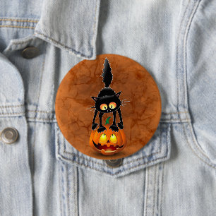Badge Rond 10 Cm Dessin d'Halloween au chat effrayé sur Citrouille