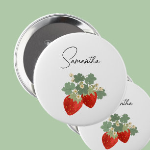 Badge Rond 10 Cm Deux fraises rouges avec feuilles et fleurs Frui
