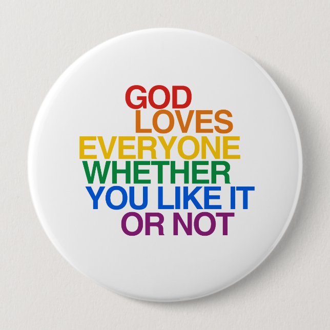 BADGE ROND 10 CM DIEU AIME TOUT LE MONDE - (Devant)