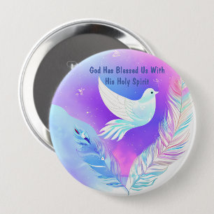 Badge Rond 10 Cm Dove blanche avec plumes roses et bleues
