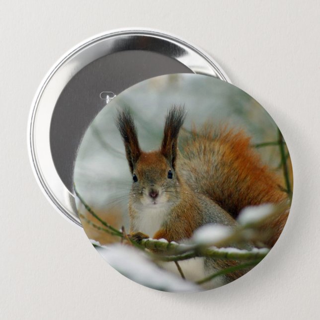 Badge Rond 10 Cm Écureuil drôle en hiver (Devant & derrière)