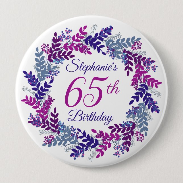 Badge Rond 10 Cm Élégante couronne violette rose 65e anniversaire (Devant)