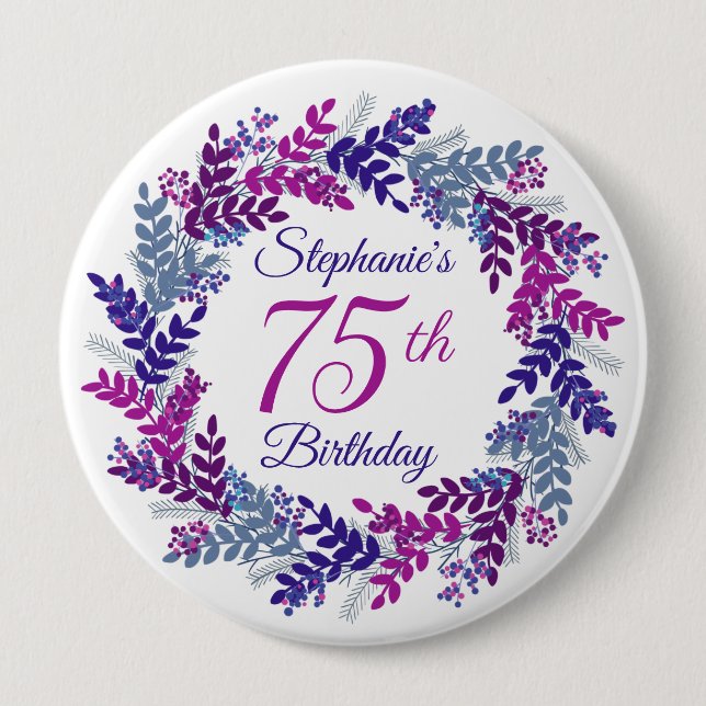Badge Rond 10 Cm Élégante couronne violette rose 75e anniversaire (Devant)
