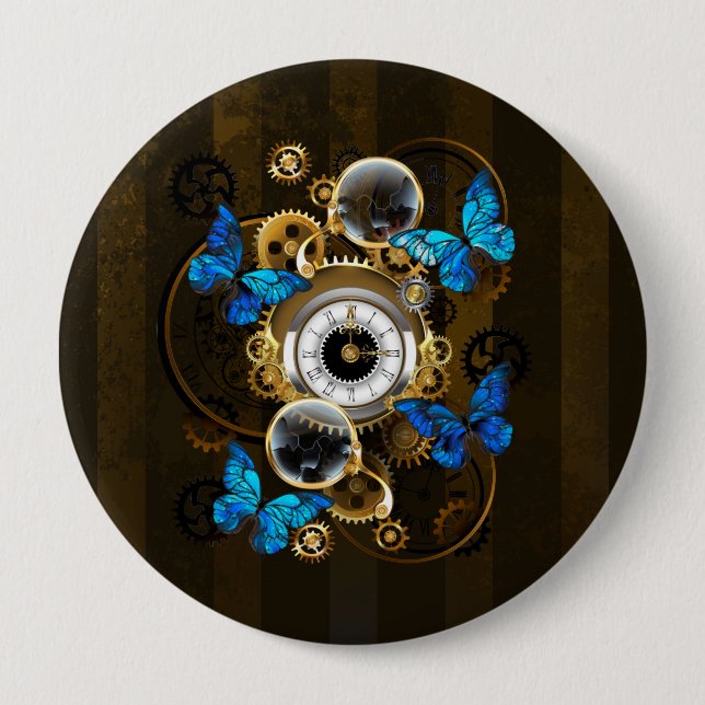 Badge Rond 10 Cm Engrenages à vapeur et papillons bleus (Devant)