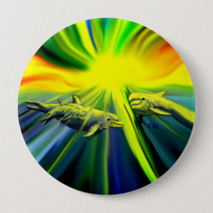 Badge Rond 10 Cm Famille de dauphins sous le soleil