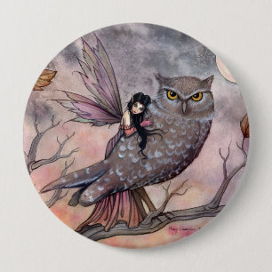 Badge Rond 10 Cm Fée d'automne et bouton de hibou