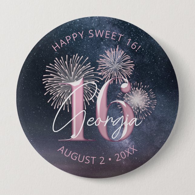 Badge Rond 10 Cm Feux d'artifice Sweet 16 Minuit Blush ID984 (Devant)