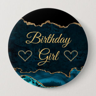Badge Rond 10 Cm Fille d'anniversaire en marbre d'agate sarcelle et