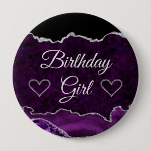 Badge Rond 10 Cm Fille d'anniversaire Marbre Agate Paillettes Viole
